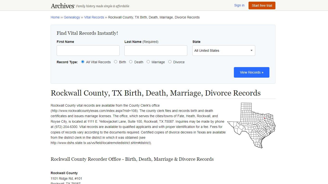 Rockwall County, TX Birth, Death, Marriage, Divorce Records - Archives.com